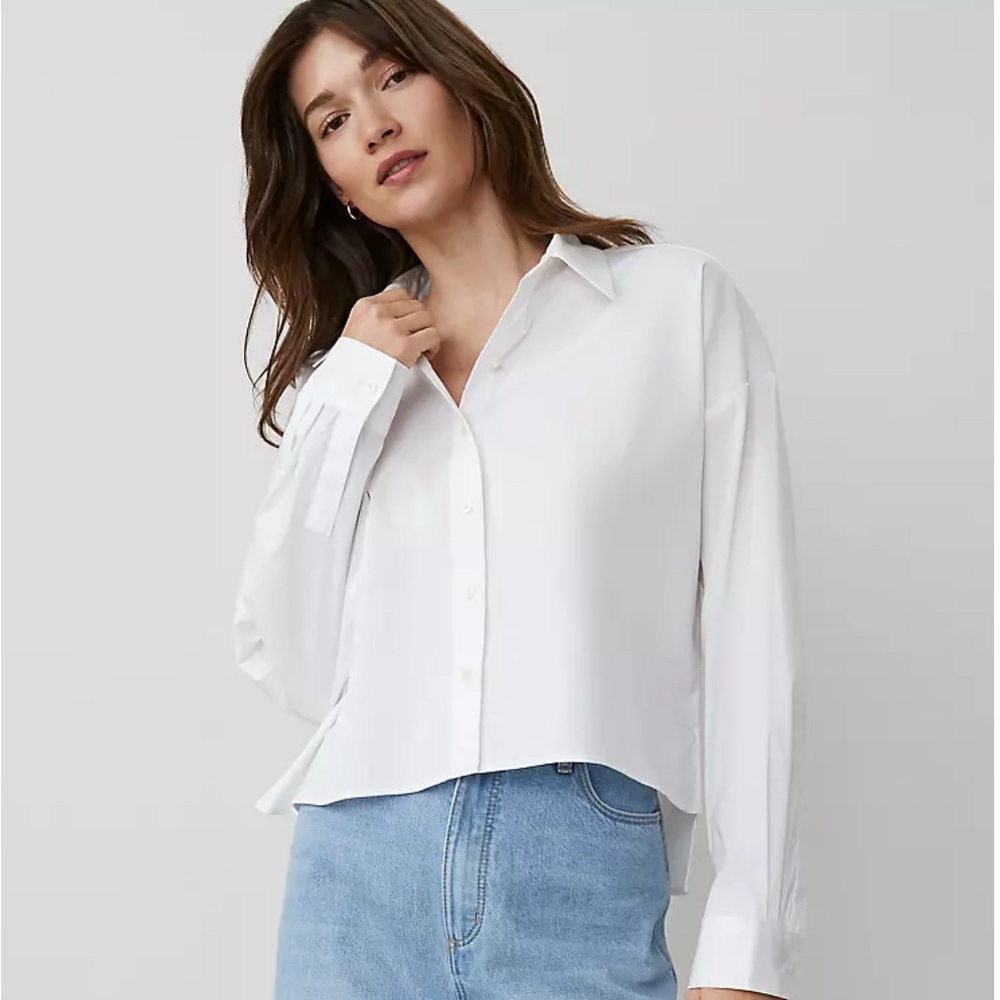Ann Taylor White Cropped Long Sleeve Button Down Shirt